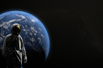 Astronaut on space mission flying around our blue planet. Earth on background. Cosmos. 3D illustration