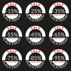 Sale tag or discount icon. Save 15,25,35,45,55,65,75,85,95 percent of price. Black Friday design template.  Vector illustration.