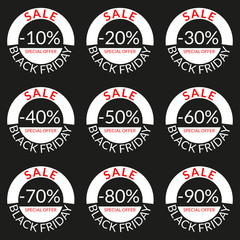 Sale tag or discount icon. Save 10,20,30,40,50,60,70,80,90 percent of price. Black Friday design template.  Vector illustration.