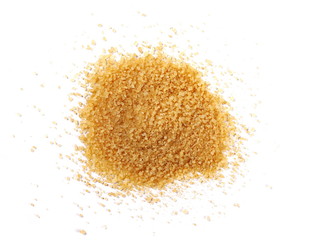 Unrefined brown cane sugar pile isolated on white background, top view