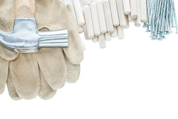 Claw hammer safety gloves construction nails wooden dowels isola