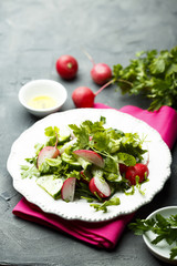 Healthy spring salad with herbs, cucumber and fresh radish