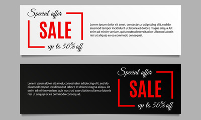 Sale banners set with special offer and price off.  Modern horizontal discount background layout or header. Vector illustration.