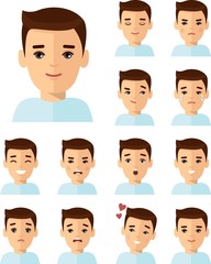 Set of different avatar people in colorful flat style. Collection of various emotion expression avatar man - happy, angry, sad, funny.
