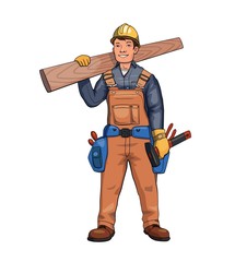 Happy carpenter, builder holding wooden plank. Vector character illustration, isolated on white background.