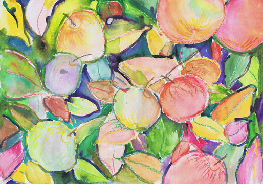 Background from fruit and leaves. Children's drawing