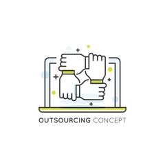 Vector Illustration Icon Graphic Element of Outsourcing Convept with Online Network, Laptop and Hands Connected Together, Handshake