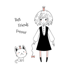 Hand drawn vector illustration of a cute little princess in a pinafore and a kitten, with text. Isolated objects on white background. Line drawing. Unfilled outline. Design concept for kids print.