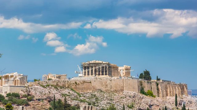 Parthenon, Acropolis of Athens, Greece - Timelapse with moving clouds at summer day