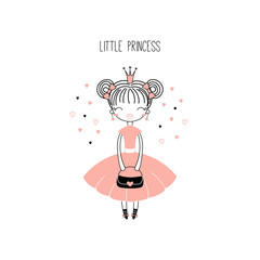 Hand drawn vector illustration of a cute little princess in a pink dress, with text. Isolated objects on white background. Line drawing. Unfilled outline. Design concept for children print.