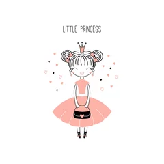 Sierkussen Hand drawn vector illustration of a cute little princess in a pink dress, with text. Isolated objects on white background. Line drawing. Unfilled outline. Design concept for children print. © Maria Skrigan