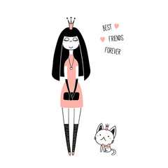 Hand drawn vector illustration of a cute little princess in a pink dress and a kitten, with text. Isolated objects on white background. Line drawing. Unfilled outline. Design concept for kids print.
