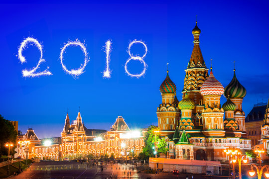 St Basil's cathedral on Red Square at night, 2018 fireworks, Moscow, Russia