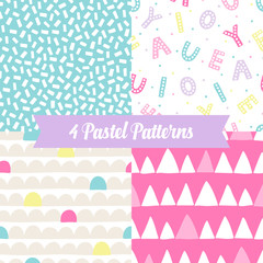 Seamless patterns with waves, letters, triangles, dots in pastel colors