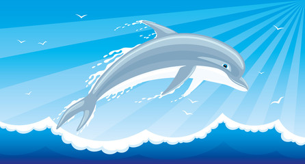 Cheerful dolphin jumping from the water.