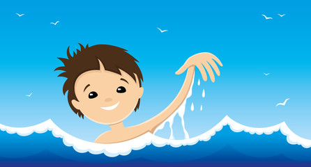 The child is swimming in blue water.