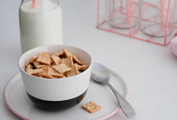 Healthy breakfast, cereal with milk.