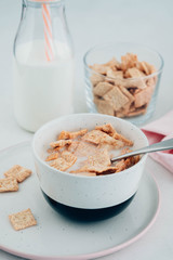 Healthy breakfast, cereal with milk.