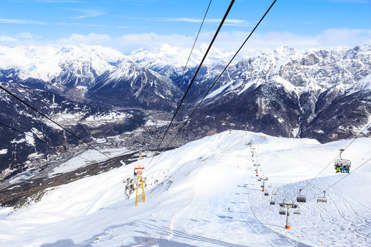 Bormio in Italian Alps. Ski resort on slopes of Cima Bianca.