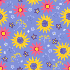 Seamless floral pattern with sunflower, bellflower on violet background