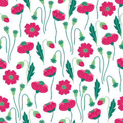 Seamless floral pattern with poppy on white background