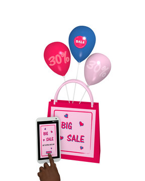 pinkfarbene Einkaufstasche mit Luftballons, einem handy mit sale 30% Werbung und einem Finger der auf einen Button drückt. 3d render