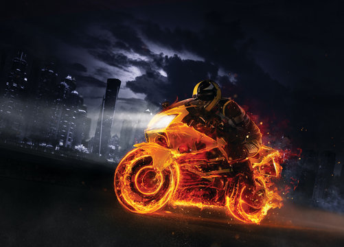 Super-sport fire motorbike with skyscrapers on background