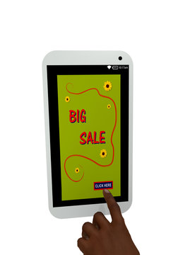 Handy mit Werbeanzeige Big Sale und einem Finger der auf einen Button drückt. 3d render