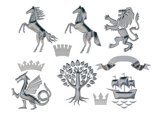 3D illustration, 3d rendering, set of silver heraldic symbols. Lion, horse, tree, ribbon, crown, ship, dragon. 3d modeling. Isolated.