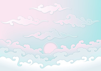 Vector background, sky and fairy childish clouds, pastel colors, horizontal format.