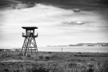 Lifeguard hut with sea at backdrop, Greece