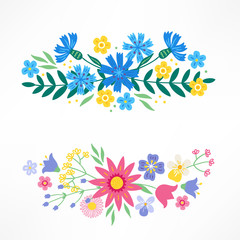Set of floral compositions with cornflowers, leaves, branches, tulips, daisy