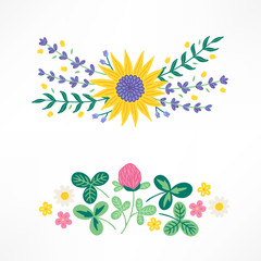 Set of floral compositions with sunflower, lavender, branches, clover, chamomile