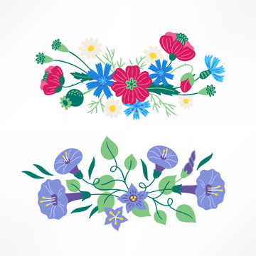 Set of floral compositions with poppies, cornflower, chamomile, bindweed, leaves