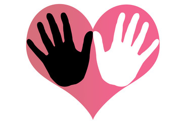 Manos negras y blancas con corazón rojo.