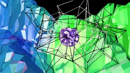 Low poly abstract background with modern gradient colors. Blue green 3d surface with grid and 3d objects in air. V6