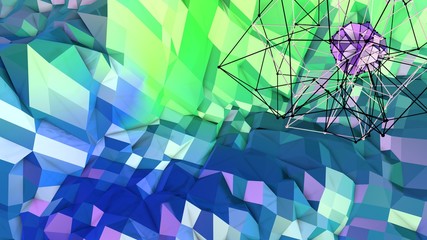Low poly abstract background with modern gradient colors. Blue green 3d surface with grid and 3d objects in air. V7