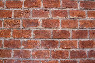Background of old vintage dirty brick wall with peeling plaster, texture