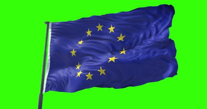 european EU flag, euro flag with pole, flag of european union waving, yellow star on blue background with chroma key green screen
