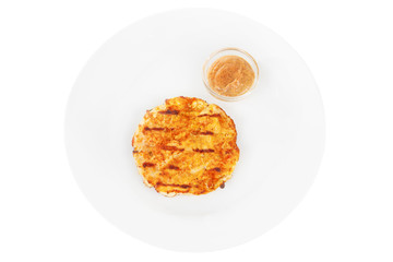 Steak, pork chop, chicken, light grilled meat, barbecue, on a plate, isolated on a white background. mustard, spicy, brown sauce. For a menu in the restaurant, bar View from above