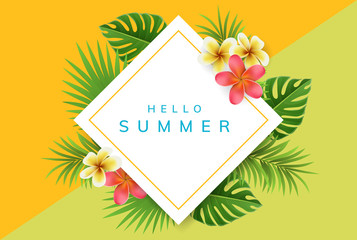 Geometric square summer frame with exotic flowers and palm leaf. Vector illustration for summer and holiday design - 199278566