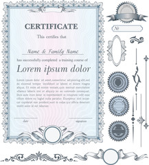 Blue vertical certificate template with additional design elements - obrazy, fototapety, plakaty