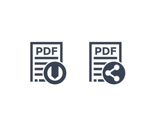 PDF document, download pdf file and share vector icons on white