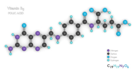 3d render of molecular model and formula of vitamin B9