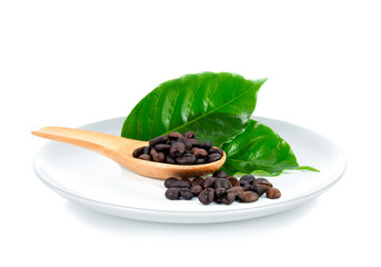 coffee bean on wood spoon isolated in white plate on white background