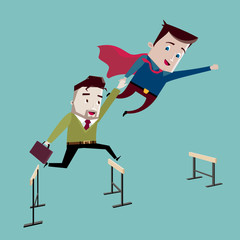 Superhero helps businessman overcome obstacles