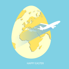 Easter egg with yellow world map. Planet Earth in form of egg on sky blue background with flying white air plane and greeting text Happy Easter. Flat Vector illustration