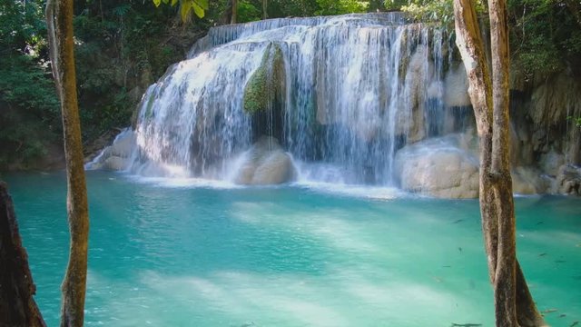 Amazing Scenic of nature  Beautiful Erawan waterfall in the holiday with green forest environment in Kanchanaburi Province, Thailand,Travel asia