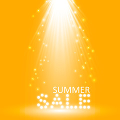 Obraz premium Super summer sale banner with scene and progector on the orange background. Business seasonal shopping concept, vector