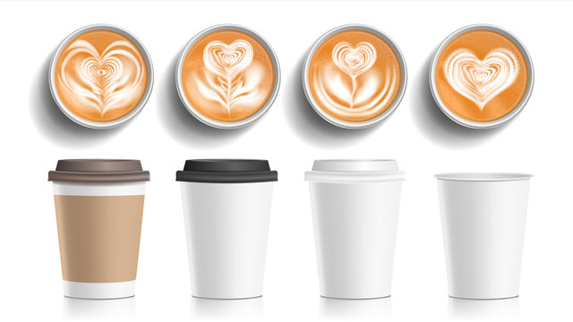 Coffee Cups Art Top View Vector. Plastic, Paper White Empty Fast Food Take Out Coffee Menu Mugs. Various Ocher Paper Cups. Breakfast Beverage. Realistic Isolated Illustration
